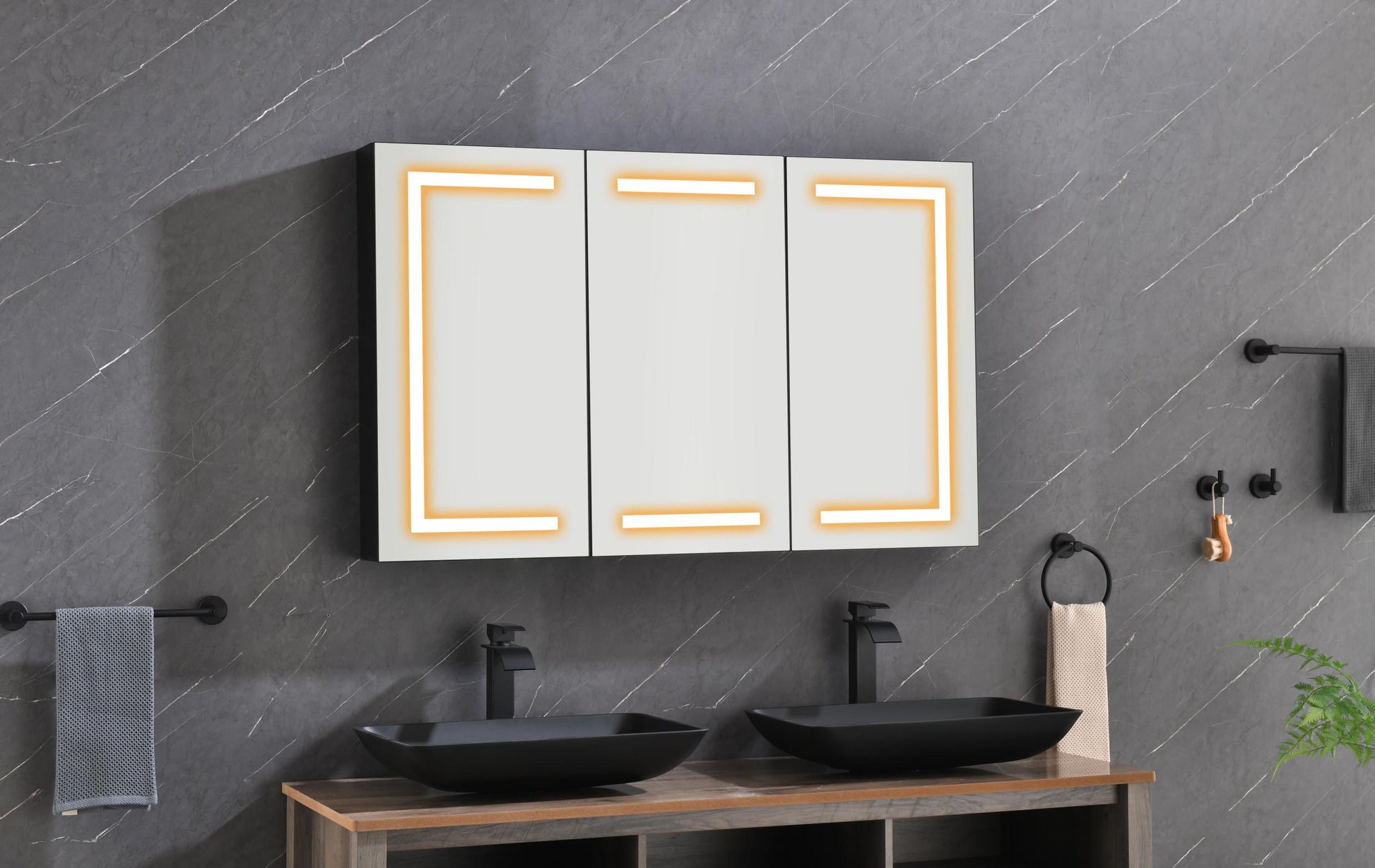 48*30 In Led Mirror Lighted Medicine Cabinet With Lights, Led Medicine Cabinet W Defogger, Dimmer, 3X Makeup Mirror, Outlets & Usb Matte Black Aluminium