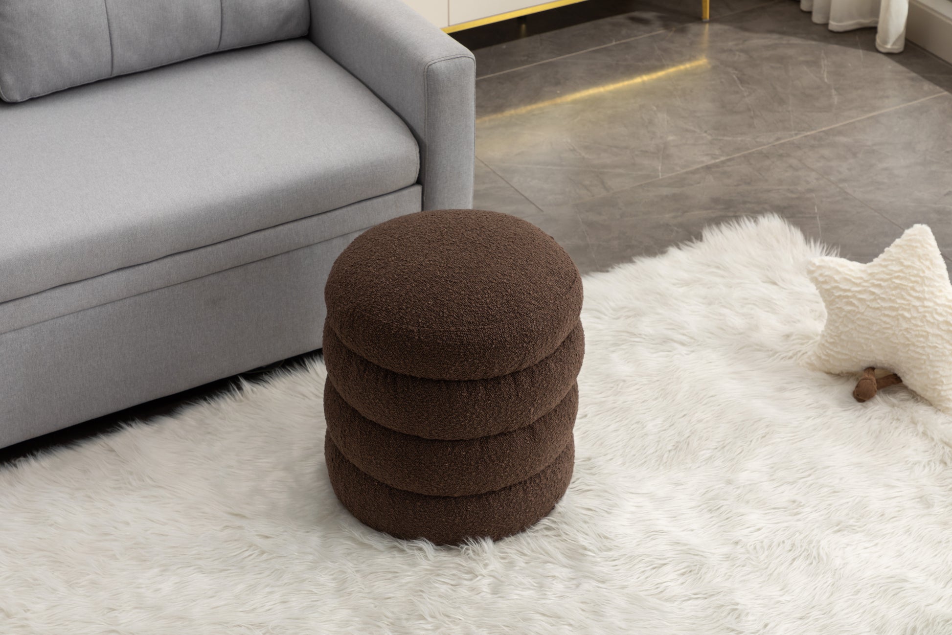 006 Soft Boucle Round Ottoman Footrest Stool,Brown Brown Boucle