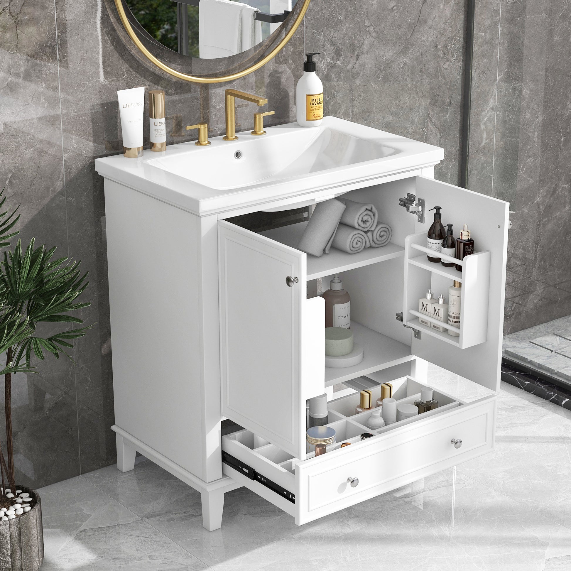 30" Bathroom Vanity With Sink Combo, Multi Functional Bathroom Cabinet With Doors And Drawer, Solid Frame And Mdf Board, White Old Sku:Sy999606Aak White Solid Wood Mdf