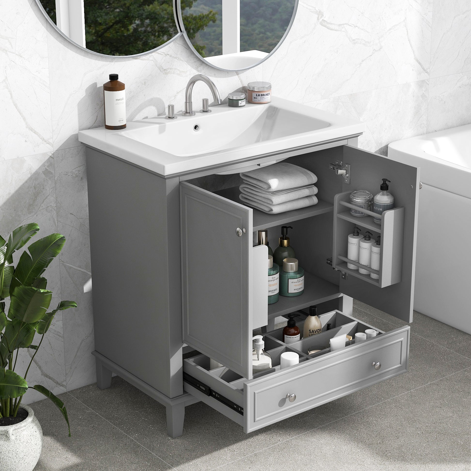 30" Bathroom Vanity With Sink Combo, Multi Functional Bathroom Cabinet With Doors And Drawer, Solid Frame And Mdf Board, Grey Grey Solid Wood Mdf