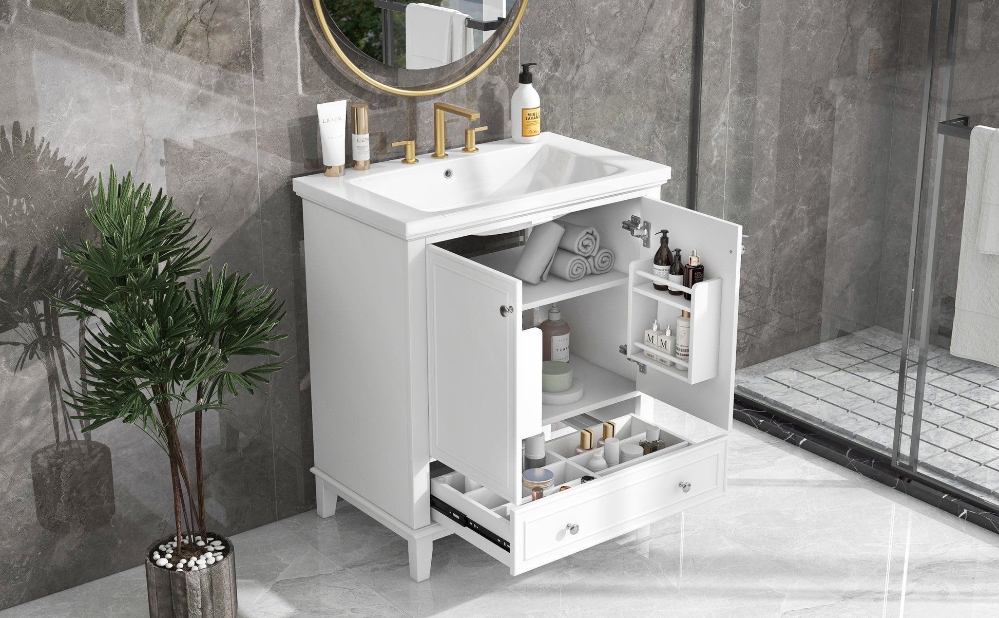 30" Bathroom Vanity With Sink Combo, Multi Functional Bathroom Cabinet With Doors And Drawer, Solid Frame And Mdf Board, White Old Sku:Sy999606Aak White Solid Wood Mdf