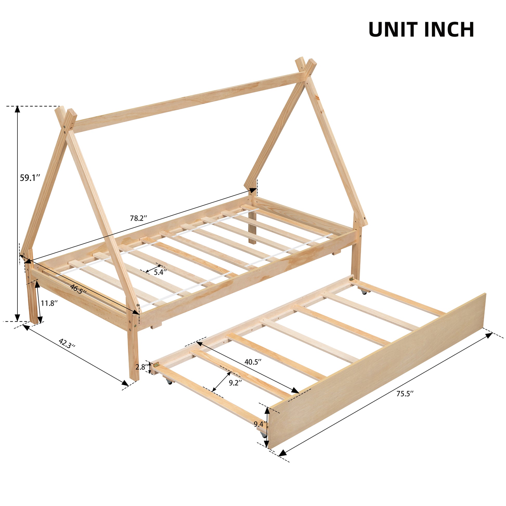 Twin Size Tent Floor Bed, Teepee Bed, With Trundle,Natural Twin Natural Wood Bedroom American Design Pine Bed Frame Pine