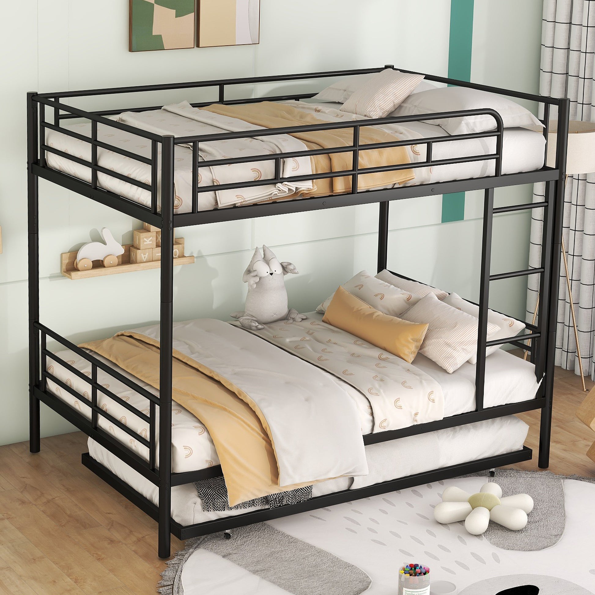 Full Over Full Metal Bunk Bed With Trundle, Black Black Iron