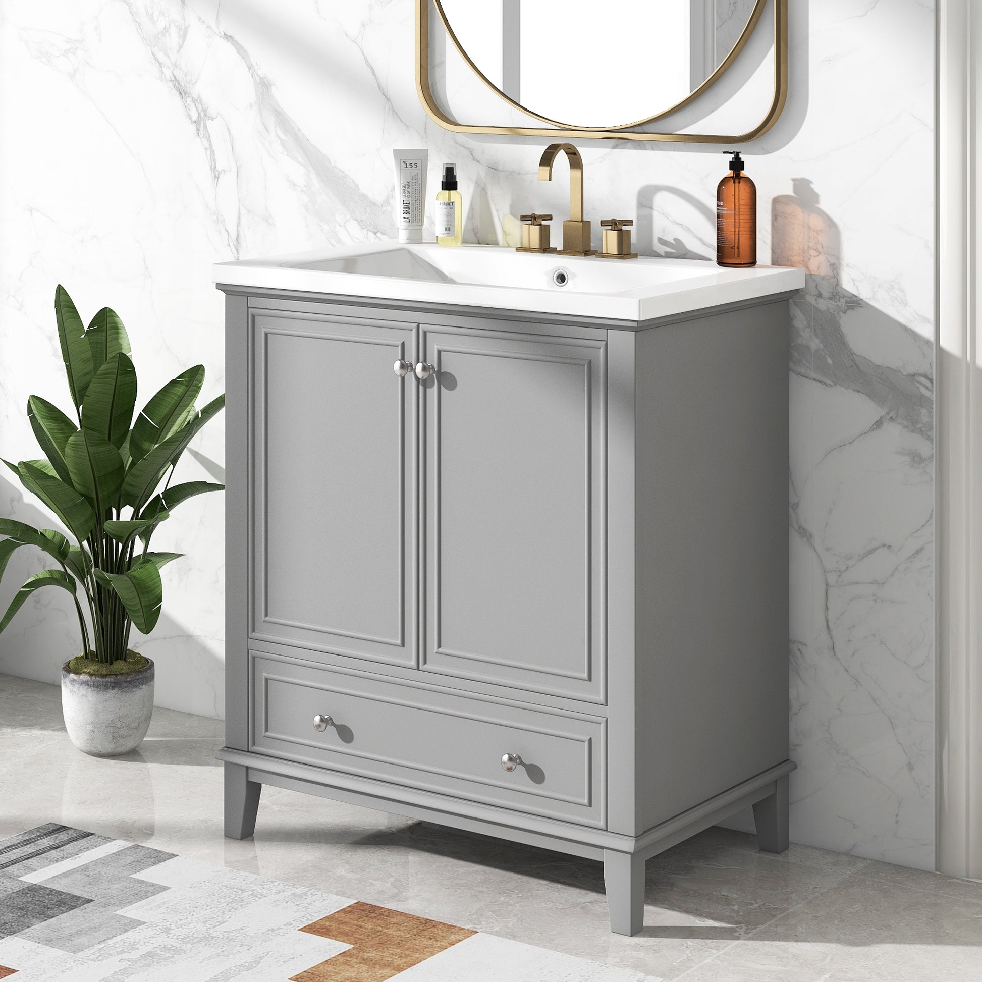 30" Bathroom Vanity With Sink Combo, Multi Functional Bathroom Cabinet With Doors And Drawer, Solid Frame And Mdf Board, Grey Grey Solid Wood Mdf