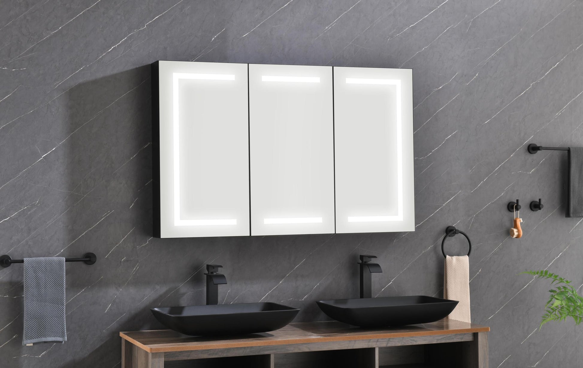 48*30 In Led Mirror Lighted Medicine Cabinet With Lights, Led Medicine Cabinet W Defogger, Dimmer, 3X Makeup Mirror, Outlets & Usb Matte Black Aluminium