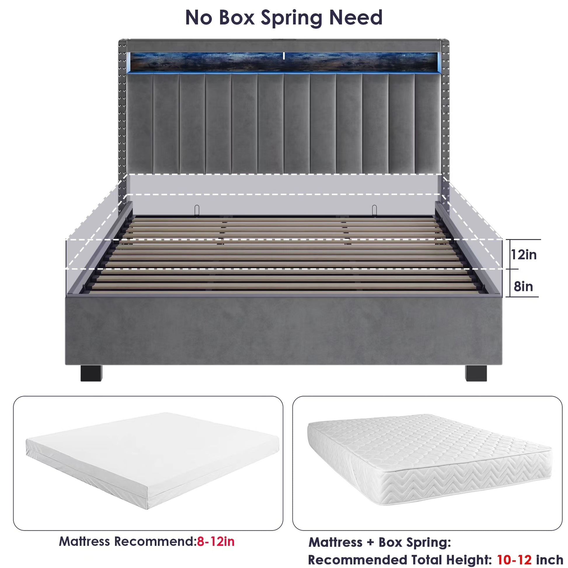 Luxury Gas Lift Storage Bed With Rf Led Lights, Storage Headboard ,Full Size ,Velvet Grey Box Spring Not Required Full Dark Grey Wood Brown Bedroom American Design Poplar Slat Beds Polyester Velvet Metal & Wood