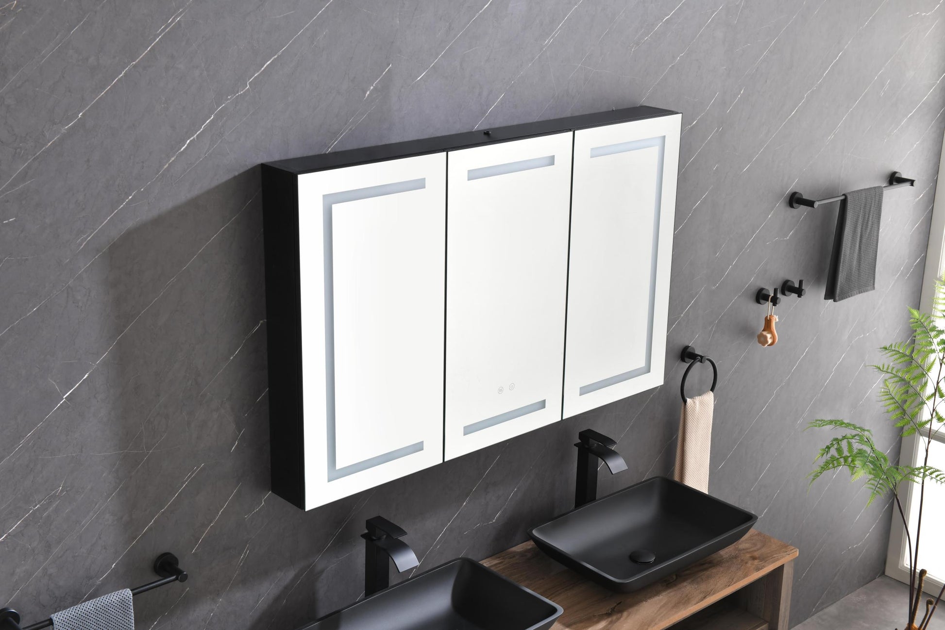 48*30 In Led Mirror Lighted Medicine Cabinet With Lights, Led Medicine Cabinet W Defogger, Dimmer, 3X Makeup Mirror, Outlets & Usb Matte Black Aluminium