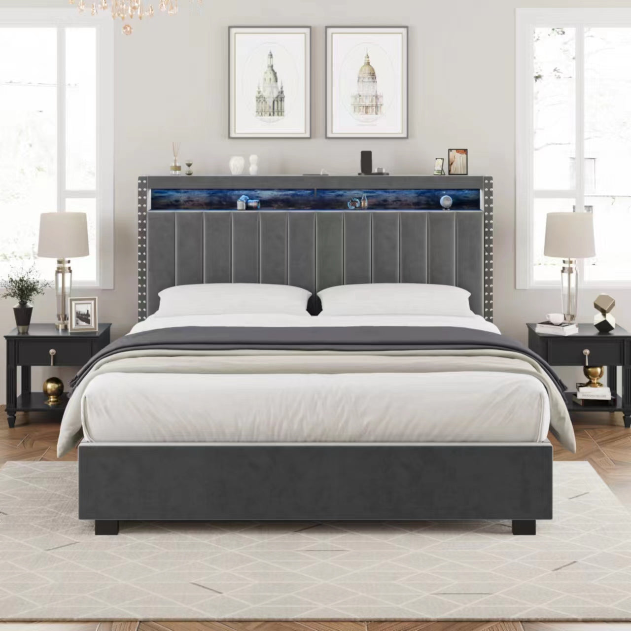 Luxury Gas Lift Storage Bed With Rf Led Lights, Storage Headboard ,Queen Size ,Velvet Grey Box Spring Not Required Queen Dark Grey Wood Brown Bedroom American Design Poplar Slat Beds Polyester Velvet Metal & Wood