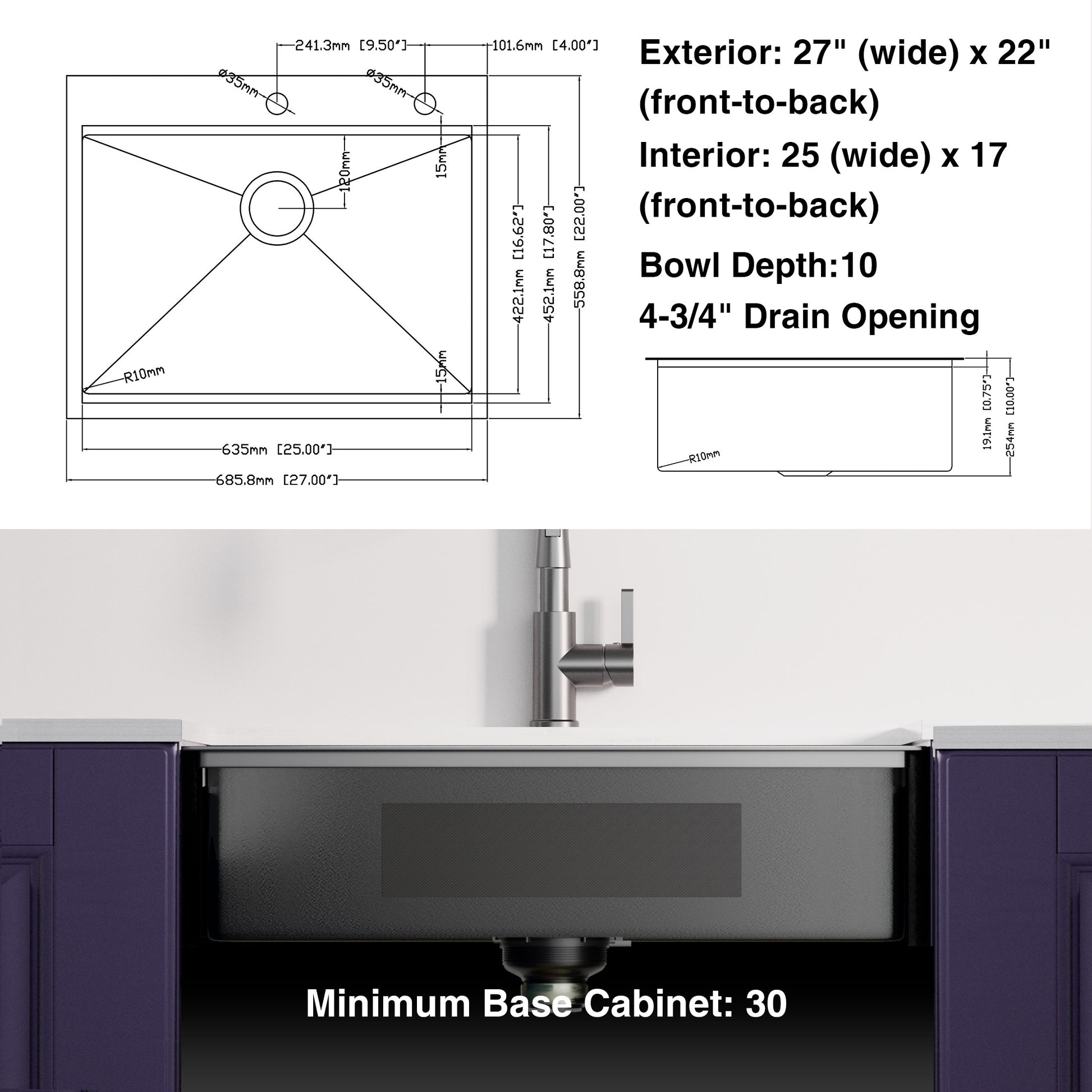 27 Inch Topmount Gunmetal Black Worksation Kitchen Sink 18 Gauge Stainless Steel Single Bowl Sink With Faucet Gunmetal Black Stainless Steel