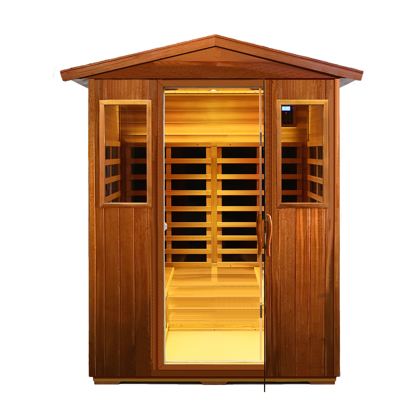 Four Person Khaya Far Infrared Outdoor Sauna Room Natural Wood Wood Stainless Steel Glass