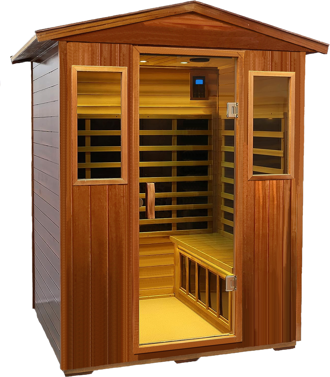 Four Person Khaya Far Infrared Outdoor Sauna Room Natural Wood Wood Stainless Steel Glass