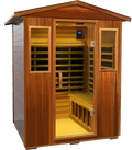 Four Person Khaya Far Infrared Outdoor Sauna Room Natural Wood Wood Stainless Steel Glass