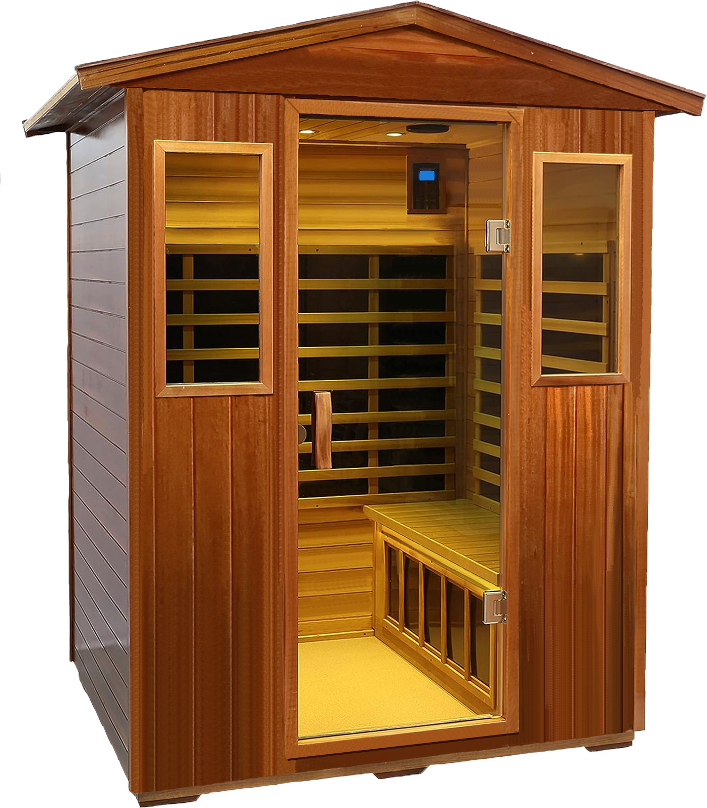 Four Person Khaya Far Infrared Outdoor Sauna Room Natural Wood Wood Stainless Steel Glass