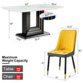 Table And Chair Set, 1 Table, 4 Pu Chairs. White Imitation Marble Pattern Desktop. Black Mdf Table Legs. Chair With Orange Deep Gray Dual Tone Pu Leather Backrest And Black Metal Legs F Sq C 007 White Mdf Glass