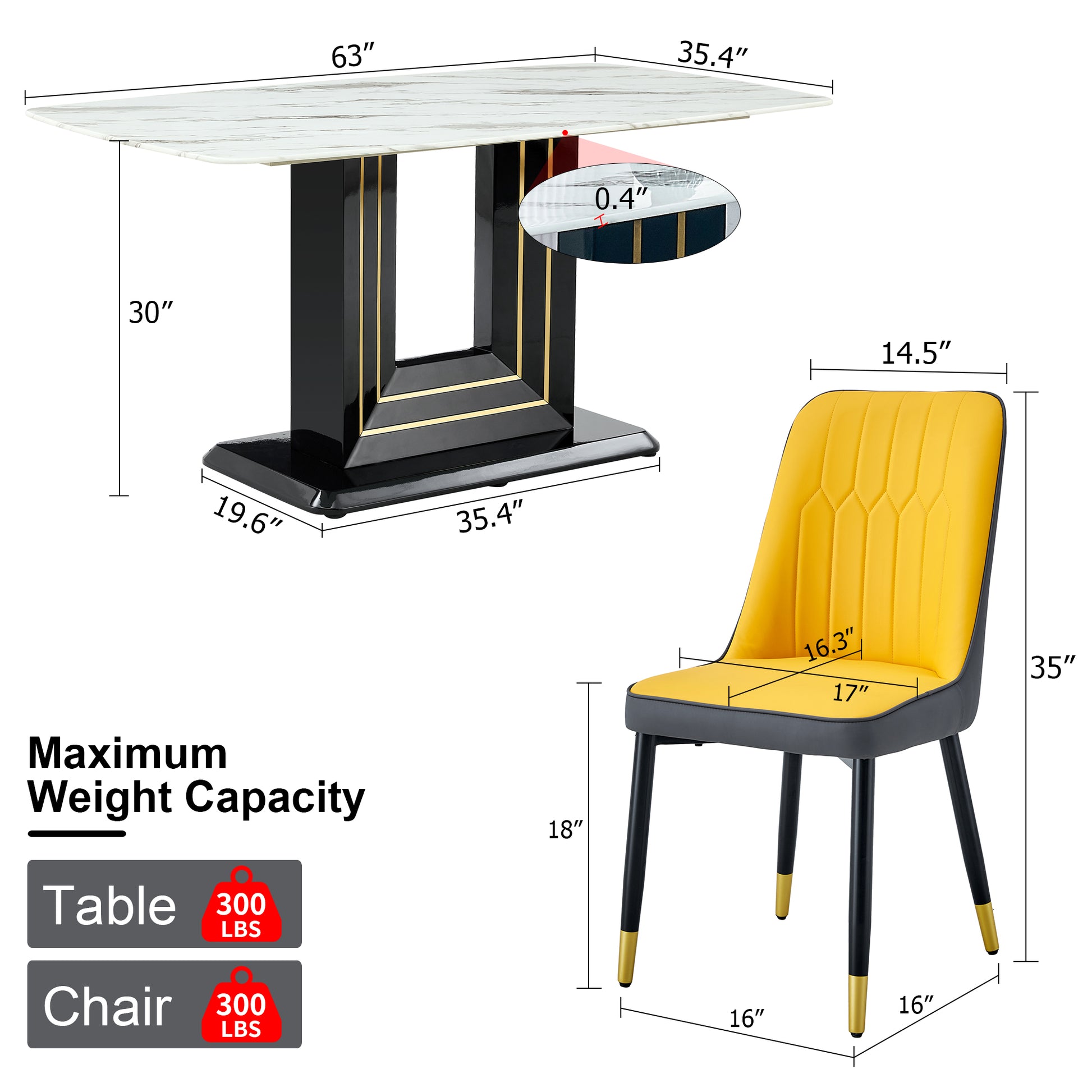 Table And Chair Set, 1 Table, 4 Pu Chairs. White Imitation Marble Pattern Desktop. Black Mdf Table Legs. Chair With Orange Deep Gray Dual Tone Pu Leather Backrest And Black Metal Legs F Sq C 007 White Mdf Glass