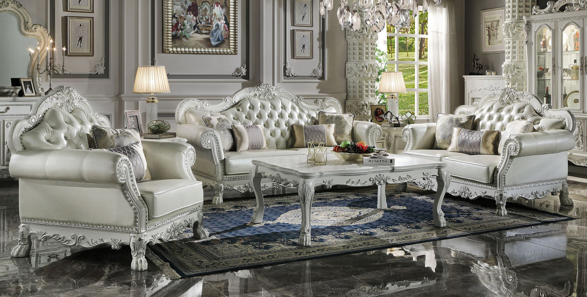 Dresden Loveseat W 3 Pillows, Synthetic Leather & Bone White Finish Lv01689 White Pu Leather