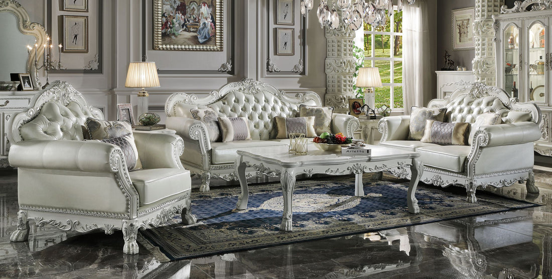 Dresden Sofa W 4 Pillows, Synthetic Leather & Bone White Finish Lv01688 White Pu Leather