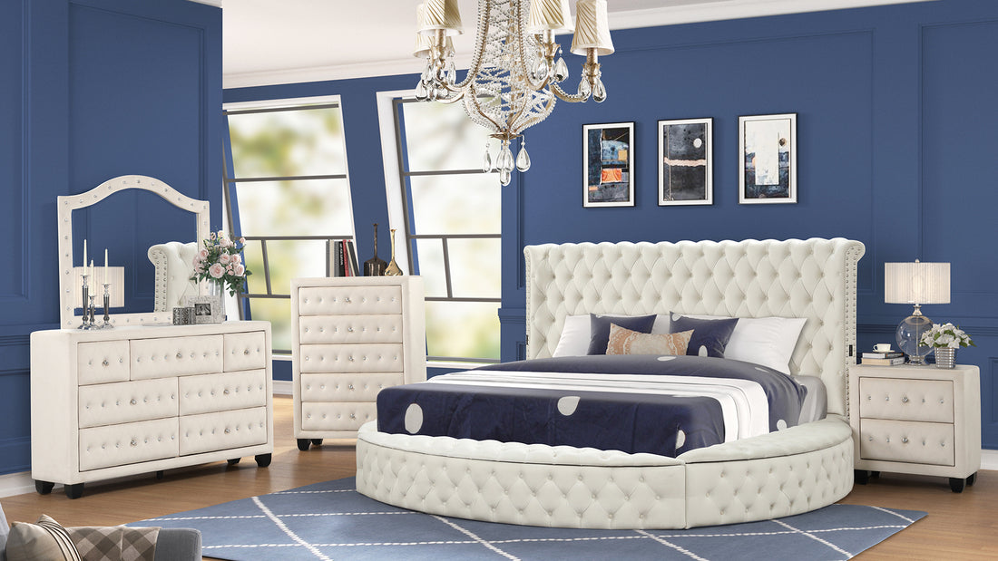 Hazel Modern Style Queen 5Pc Bedroom Set With Usb Ports & Made With Wood In Cream Box Spring Not Required Queen Cream Wood 5 Piece Set Bedroom Bed Included,Chest Included,Dresser Included,Mirror Included,Nightstand Included Modern Upholstered Tufted