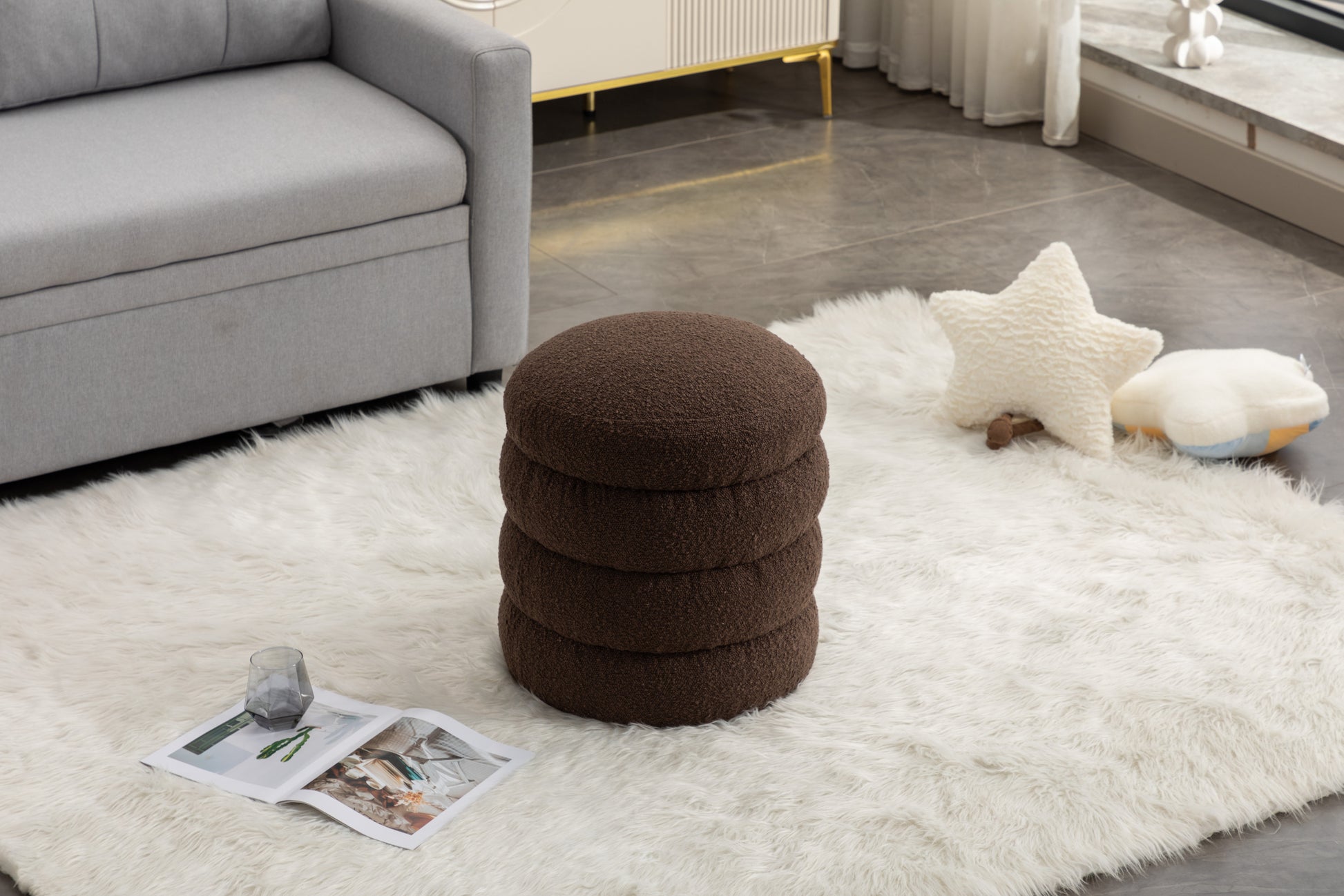 006 Soft Boucle Round Ottoman Footrest Stool,Brown Brown Boucle