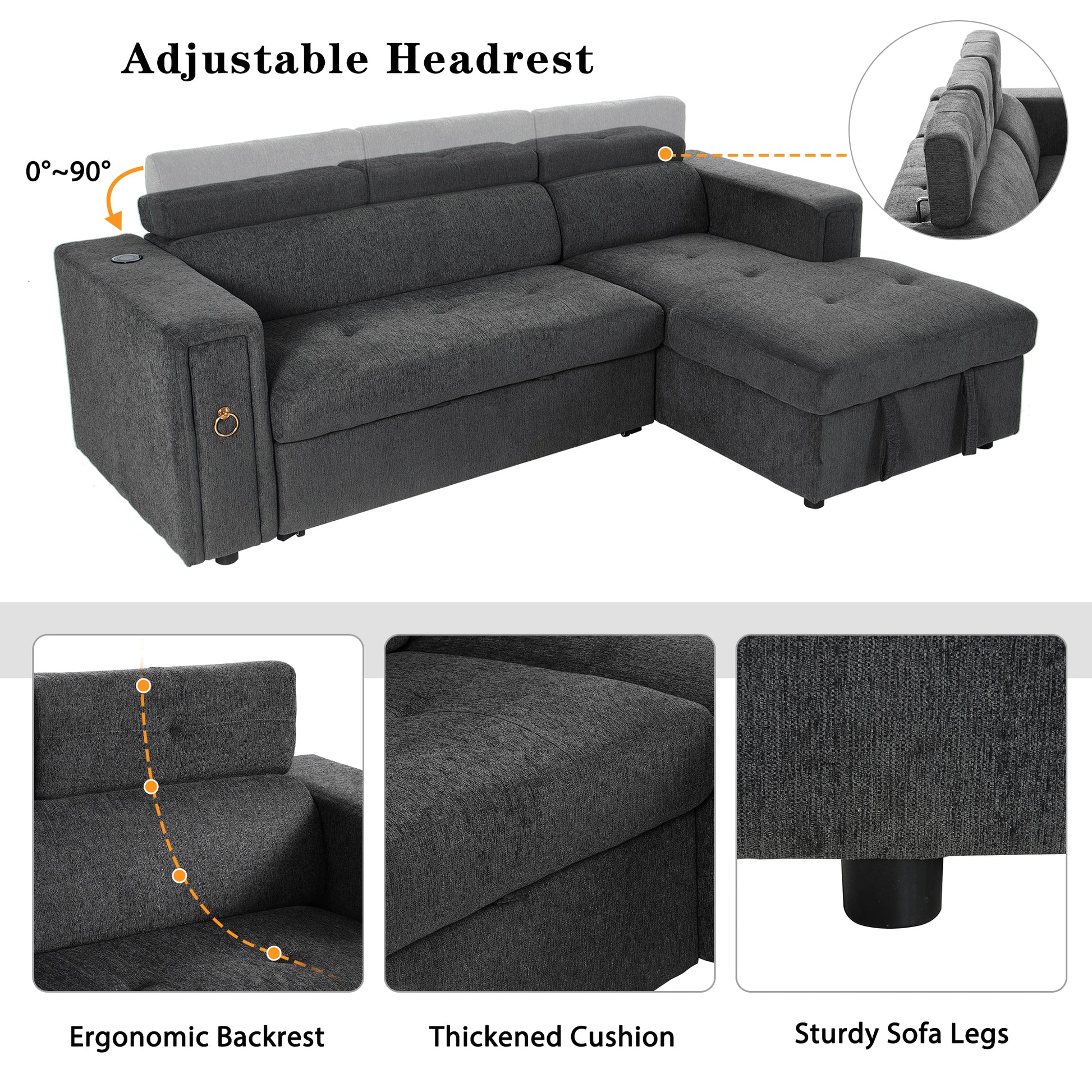 96" Multi Functional Pull Out Sofa Bed L Shape Sectional Sofa With Adjustable Headrest, Wireless Charging, Cup Holders And Hidden Storage For Living Room, Bedroom, Office, Grey Grey Foam Linen