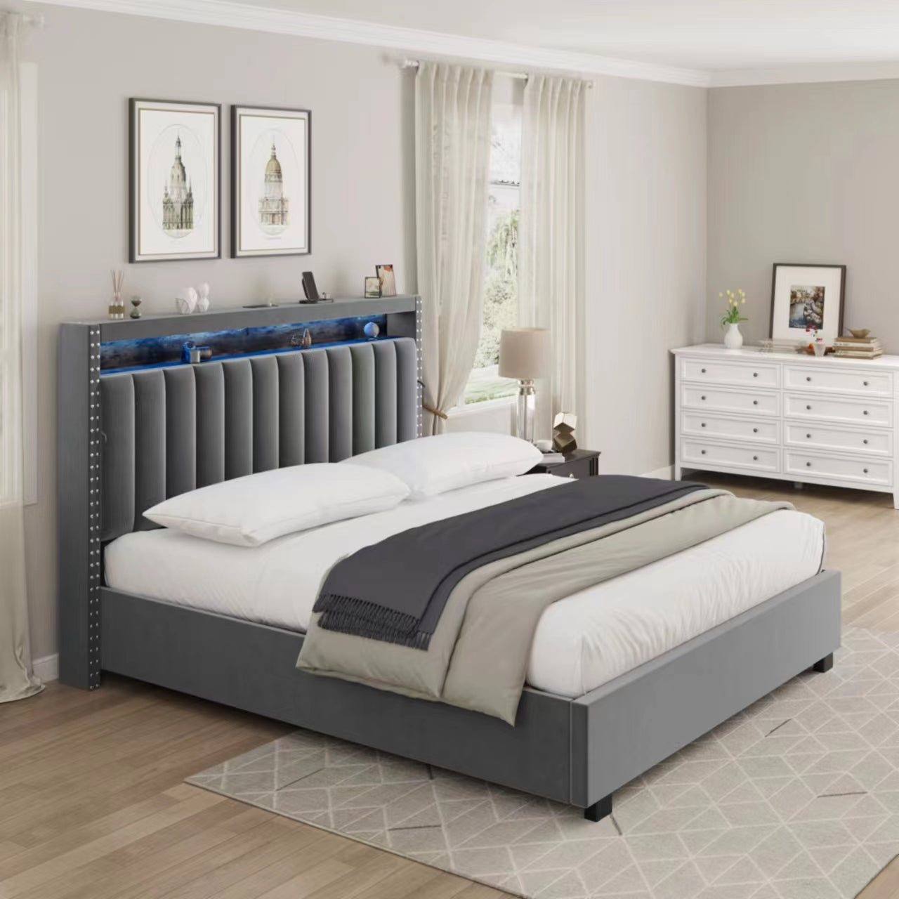 Luxury Gas Lift Storage Bed With Rf Led Lights, Storage Headboard ,Queen Size ,Velvet Grey Box Spring Not Required Queen Dark Grey Wood Brown Bedroom American Design Poplar Slat Beds Polyester Velvet Metal & Wood