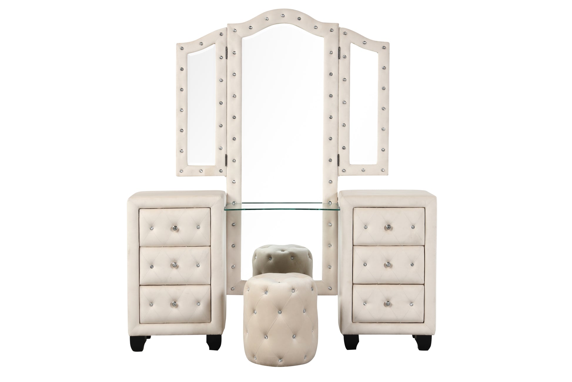 Sophia Modern Style Crystal Tufted Upholstery 6 Drawer Vanity Set With Stool, Finished With Velvet Fabric Made With Wood In Cream Cream Drawer 5 Drawers & Above Bedroom Contemporary,Modern Solid Wood Mdf Wood