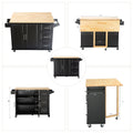 Kitchen Island & Kitchen Cart, Mobile Kitehcn Island With Extensible Rubber Wood Table Top,Adjustable Shelf Inside Cabinet For Different Utensils, 3 Big Drawers, With Spice Rack, Towel Rack, Black Bee Black Mdf