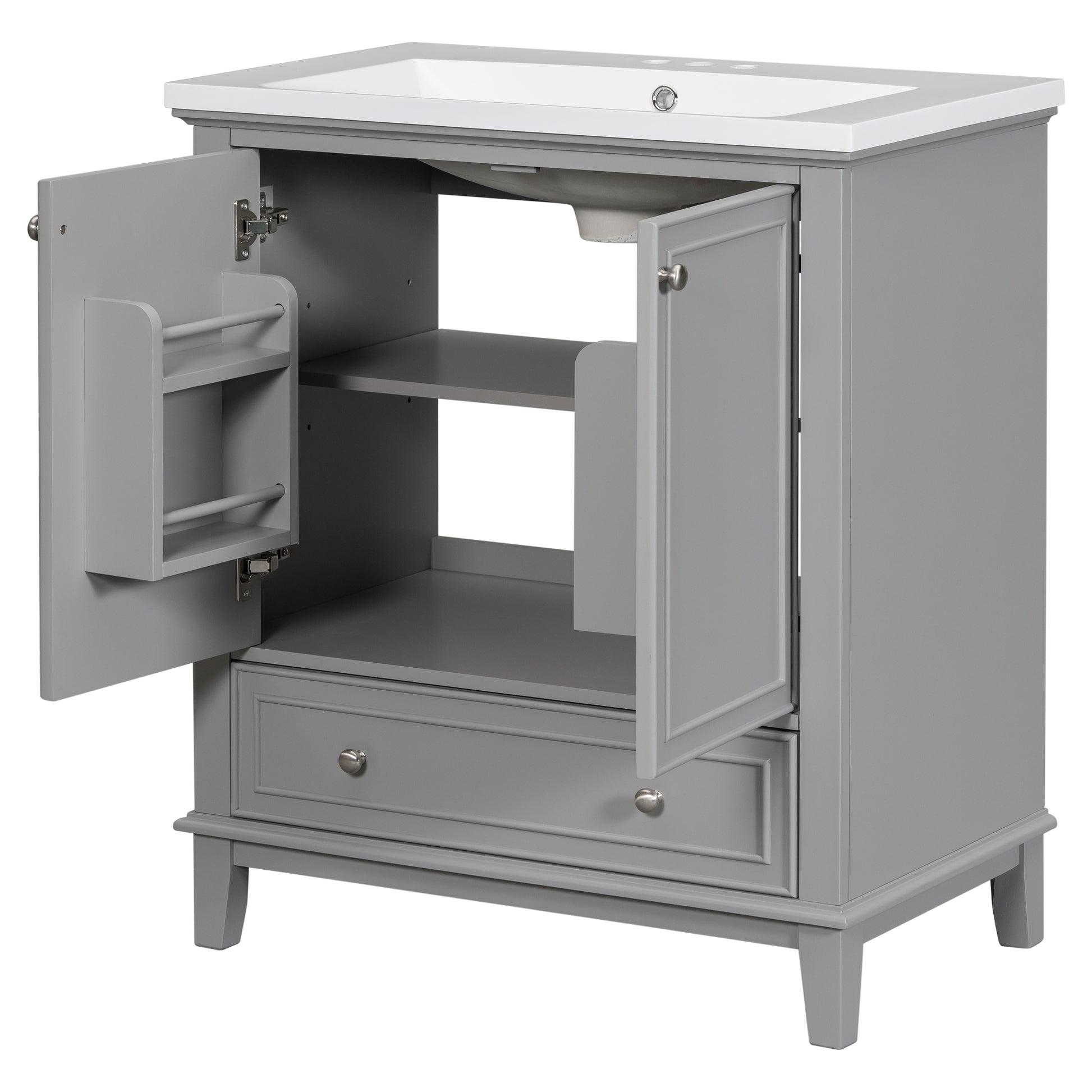 30" Bathroom Vanity With Sink Combo, Multi Functional Bathroom Cabinet With Doors And Drawer, Solid Frame And Mdf Board, Grey Grey Solid Wood Mdf