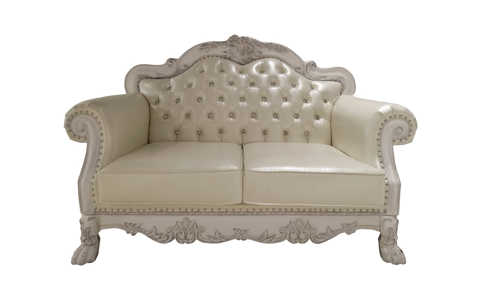 Dresden Loveseat W 3 Pillows, Synthetic Leather & Bone White Finish Lv01689 White Pu Leather