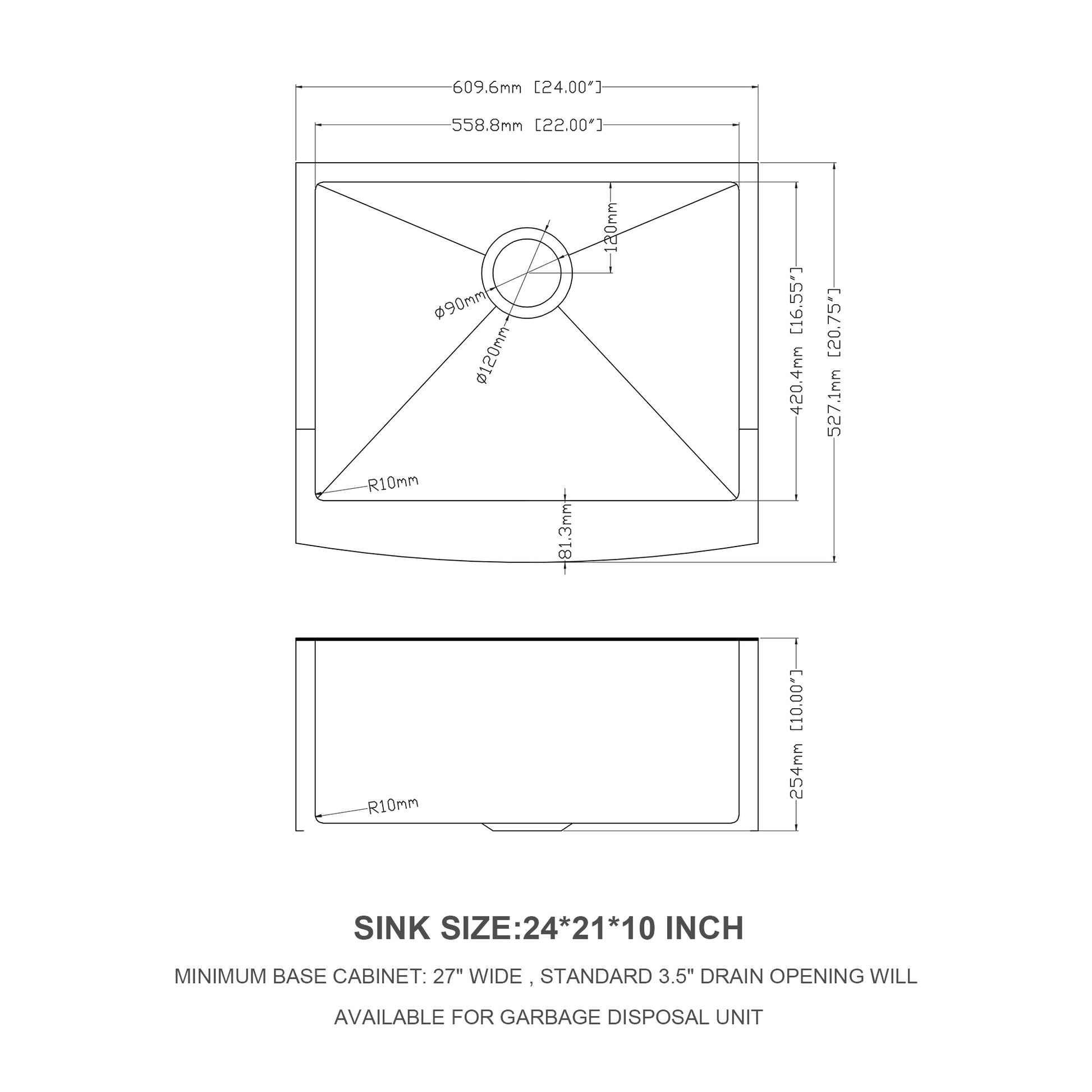 24 Inch Farmhouse Kitchen Sink 24"X21"X10" Stainless Steel Apron Front Farmhouse Sink 10 Inch Deep 16 Gauge Single Bowl Kitchen Sink Basin Brushed Nickel Stainless Steel