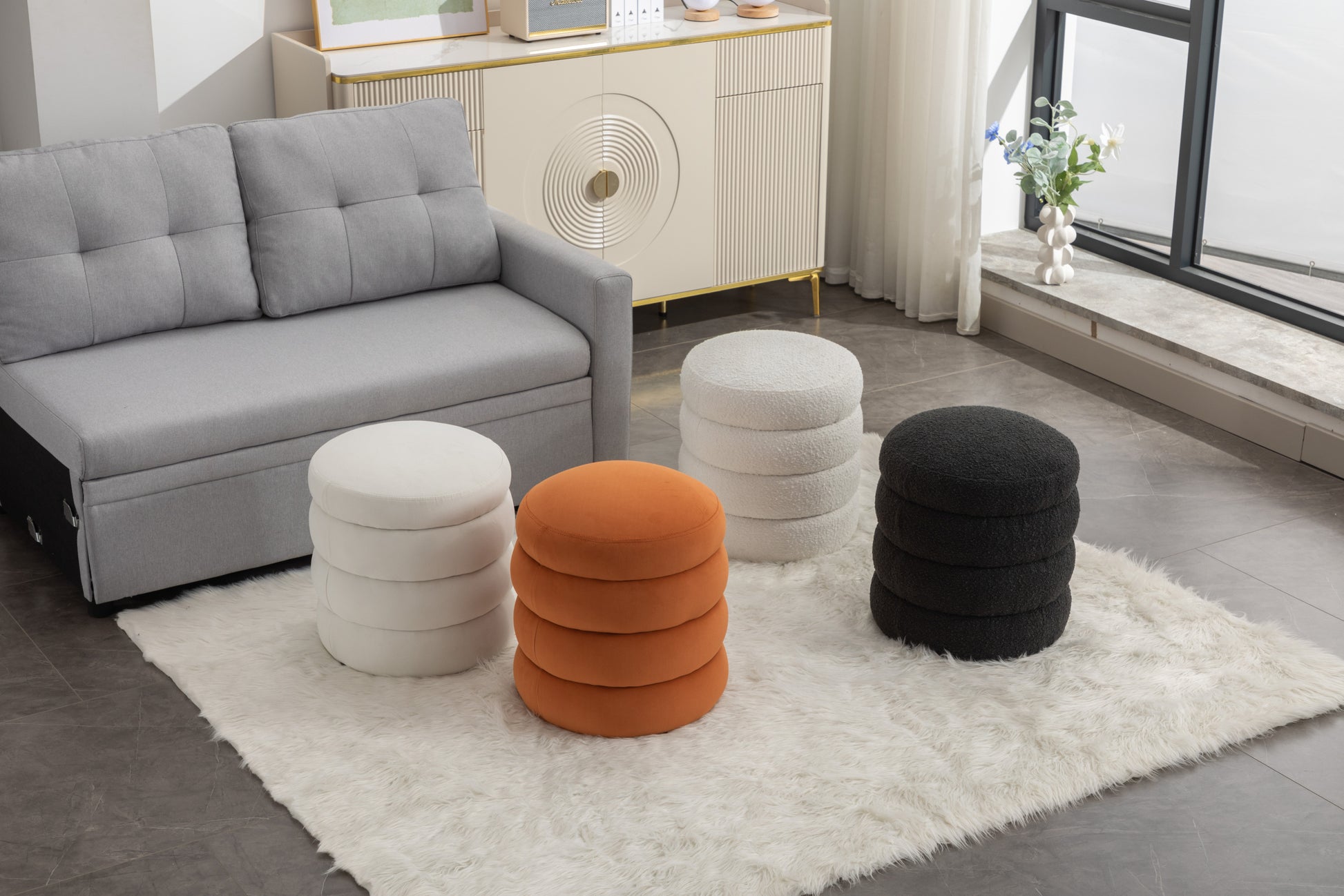 006 Soft Boucle Round Ottoman Footrest Stool,Black Black Boucle