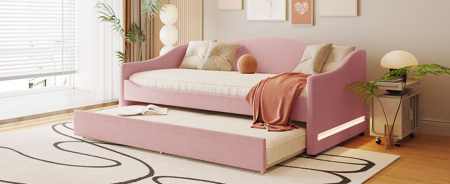 Teddy Fleece Twin Size Upholstered Daybed With Light And Trundle, Pink Twin Pink Fleece