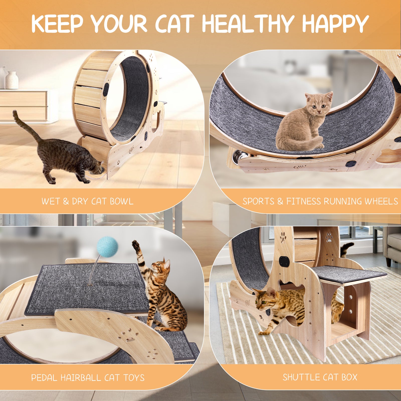 Cat Wheel 6 In 1 Cat Exercise Wheel,Upgraded Cat Wheel Exerciser For Indoor Cats,Large Cat Treadmill,Cat Running Wheel With Silent Wheel,Cat Walking Wheel Cat Furniture Cat Toys Natural Wood Wood