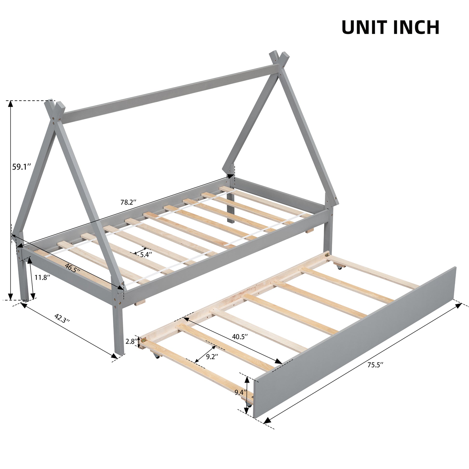 Twin Size Tent Floor Bed, Teepee Bed, With Trundle,Grey Twin Gray Wood Bedroom American Design Pine Bed Frame Pine