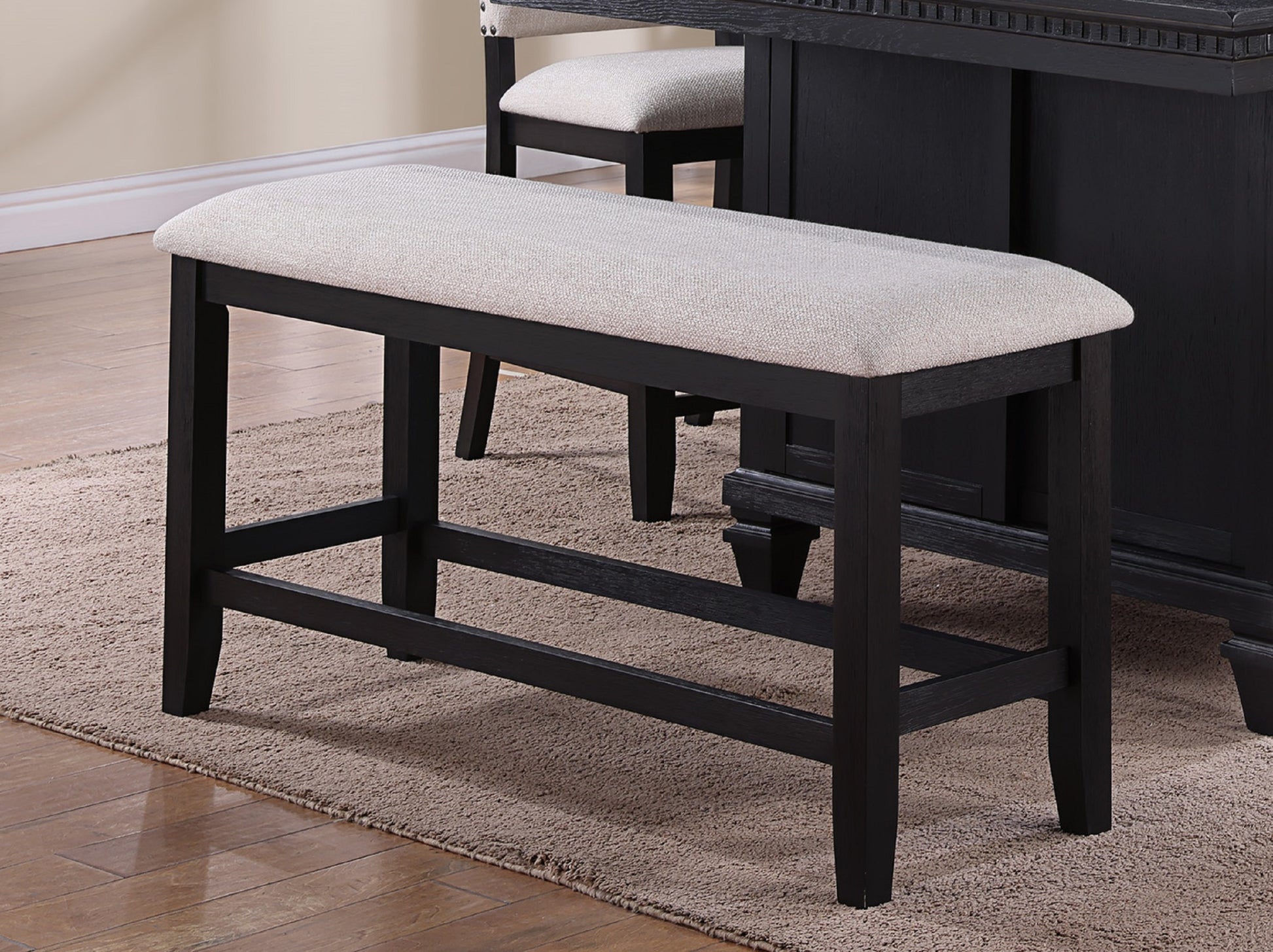 1Pc Transitional Relaxed Vintage Style Charcoal Black Finish Counter Height Bench Fabric Upholstery Dining Room Solid Wood Wooden Furniture Charcoal Rectangular Grey Contemporary,Traditional Wood