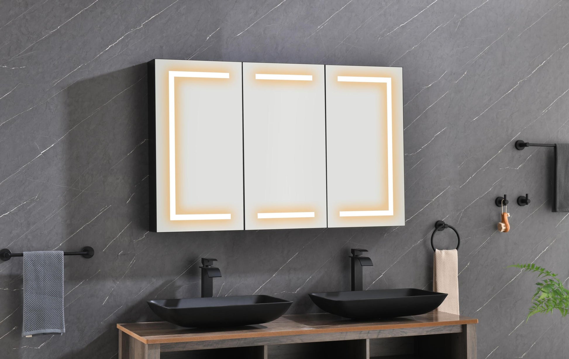 48*30 In Led Mirror Lighted Medicine Cabinet With Lights, Led Medicine Cabinet W Defogger, Dimmer, 3X Makeup Mirror, Outlets & Usb Matte Black Aluminium