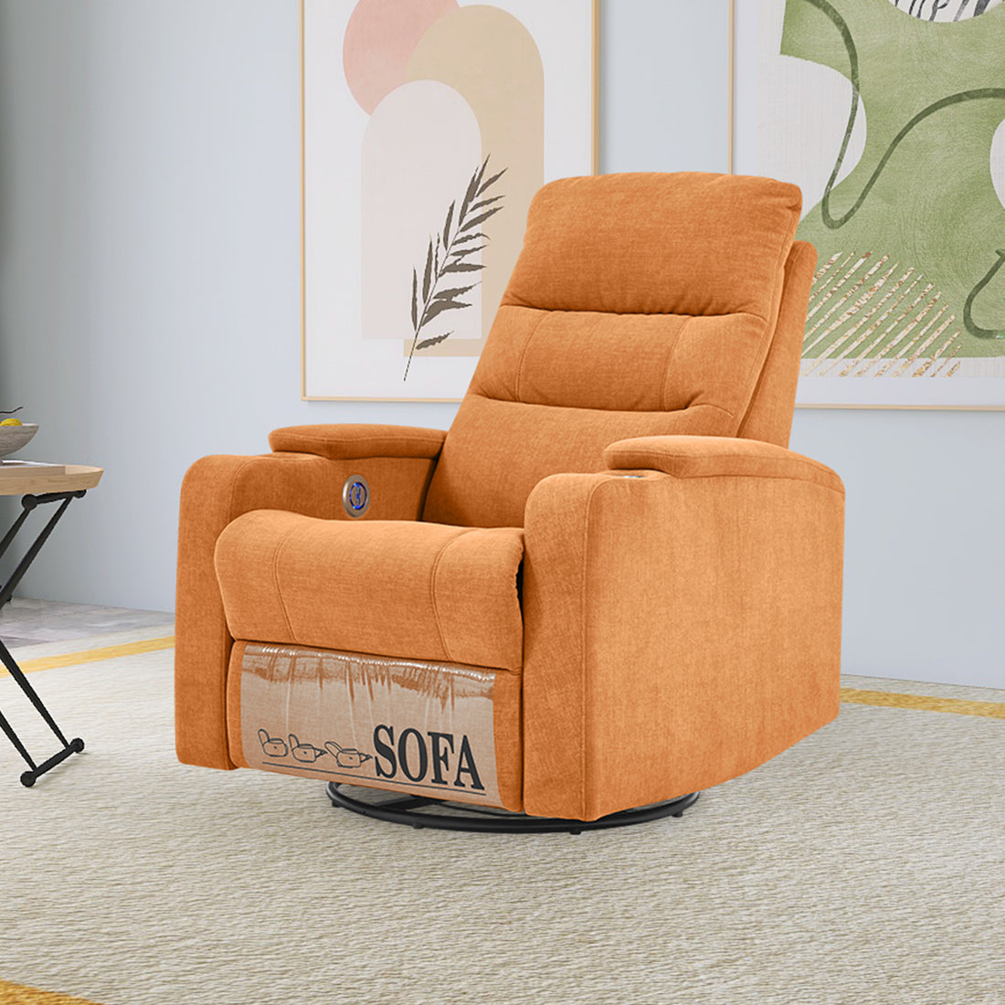 Swivel Rocking Recliner Sofa Chair With Usb Charge Port & Cup Holder For Living Room, Bedroom,Light Orange Orange Foam