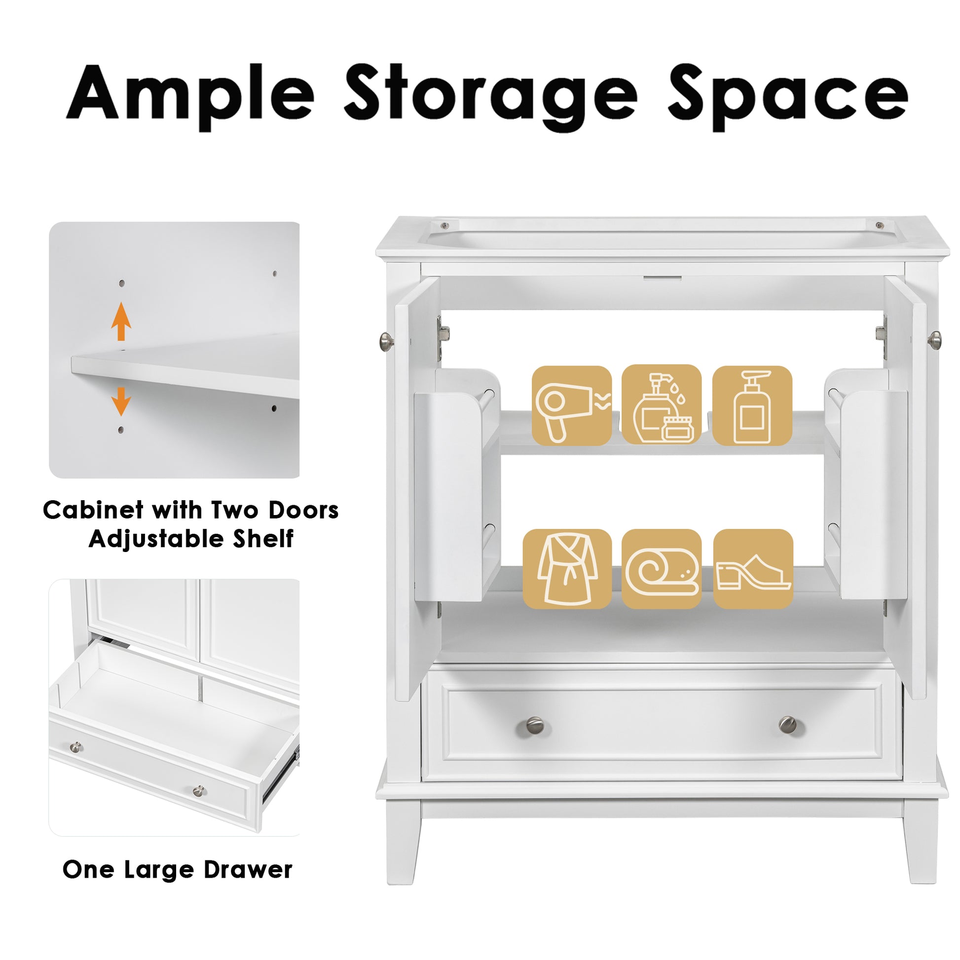 30" Bathroom Vanity With Sink Combo, Multi Functional Bathroom Cabinet With Doors And Drawer, Solid Frame And Mdf Board, White Old Sku:Sy999606Aak White Solid Wood Mdf