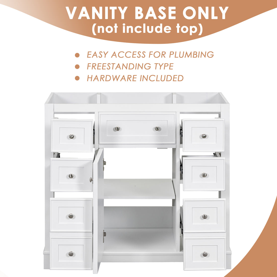 36" Bathroom Vanity Without Sink, Cabinet Base Only, One Cabinet And Six Drawers, White White Solid Wood Mdf