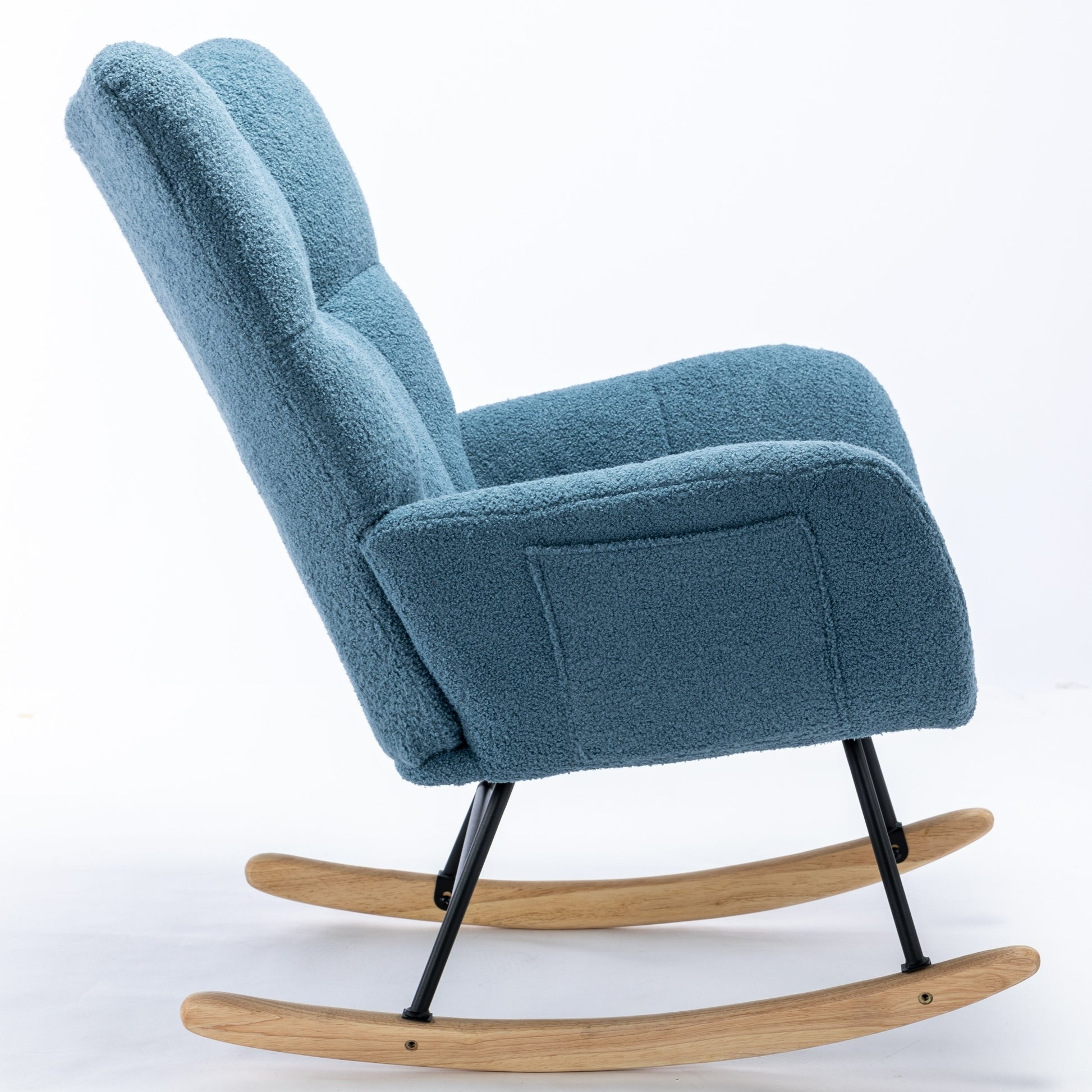 Rocking Chair With Pocket, Soft Teddy Fabric Rocking Chair For Nursery, Comfy Wingback Glider Rocker With Safe Solid Wood Base For Living Room Bedroom Balcony Blue Blue Casual Foam Teddy