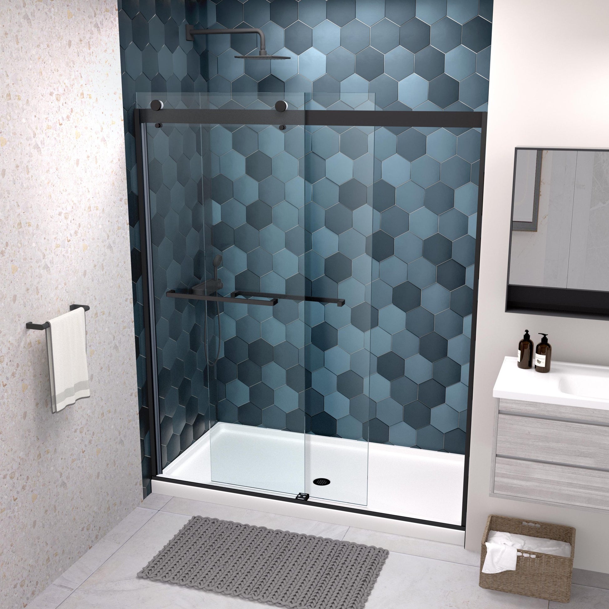 Bypass Shower Door, Sliding Door, With 5 16" Tempered Glass And Matted Black Finish 6074 Matte Black Stainless Steel