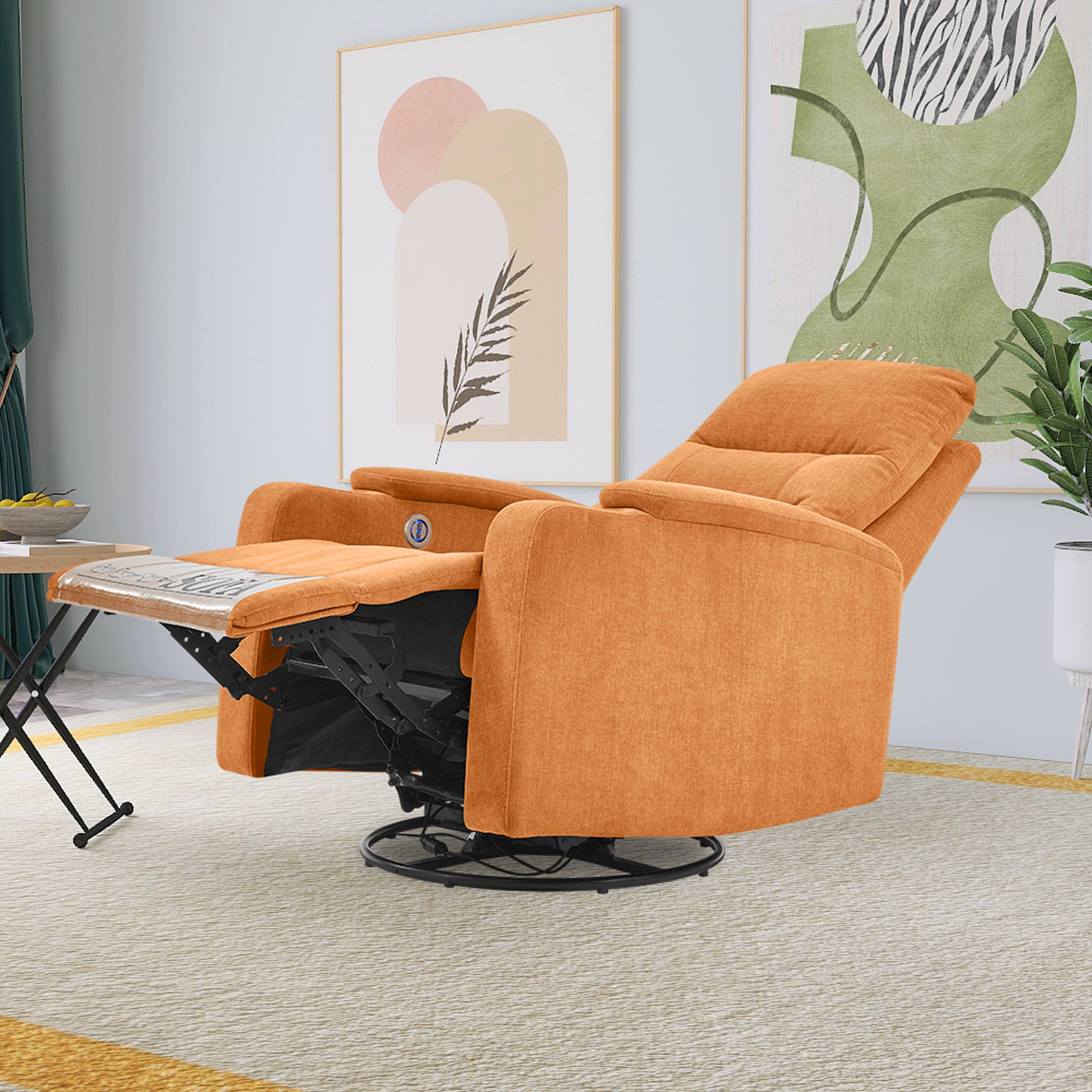 Swivel Rocking Recliner Sofa Chair With Usb Charge Port & Cup Holder For Living Room, Bedroom,Light Orange Orange Foam
