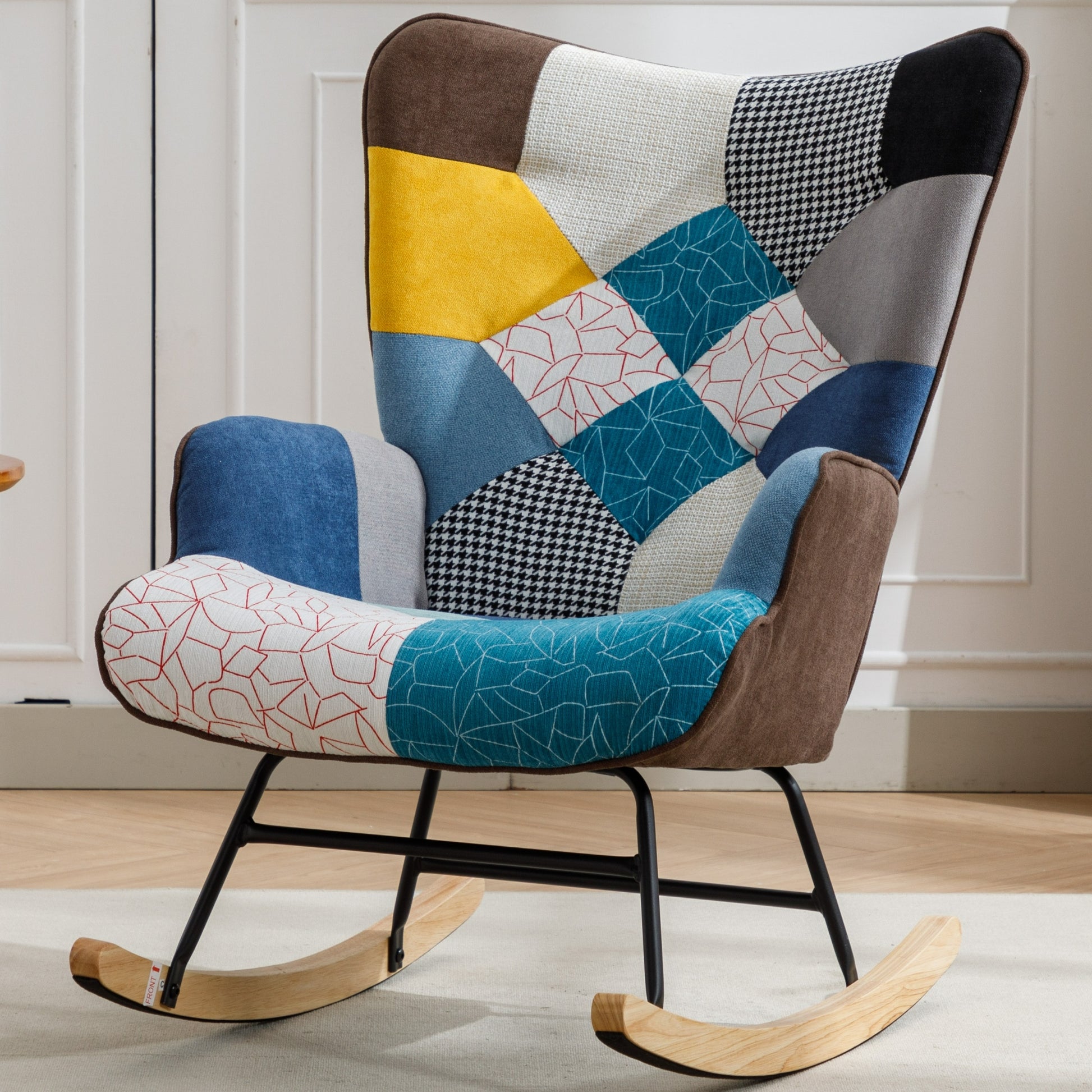 Modern Patchwork Accent Chair With Solid Wood Armrest And Feet, Mid Century Modern Accent Sofa, Fabric Sofa Chair For Living Room Bedroom Studio, Comfy Side Armchair For Bed Blue Antique Blue Foam Cotton Linen