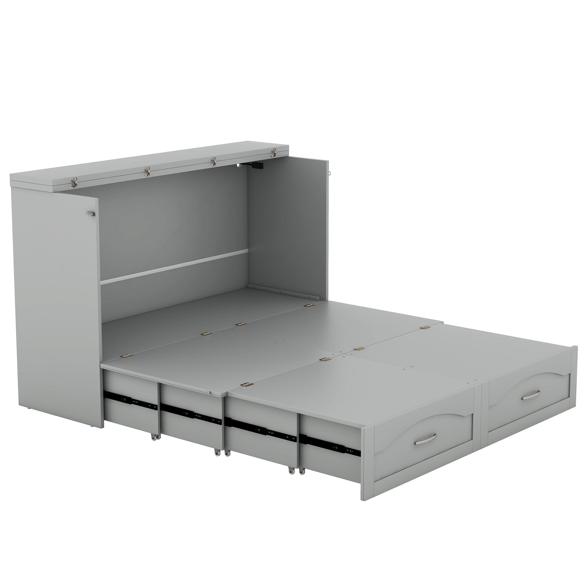 Queen Size Murphy Bed Wall Bed With Drawer And A Set Of Sockets & Usb Ports, Pulley Structure Design, Gray Gray Solid Wood Mdf