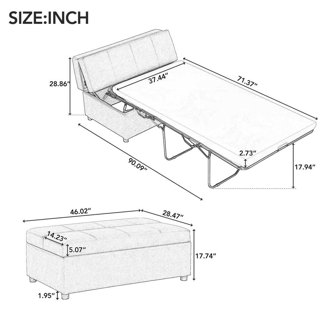 Twin Size Folding Ottoman Sleeper Bed With Mattress Convertible Guest Bed Brown Brown Foam Pu 1 Seat