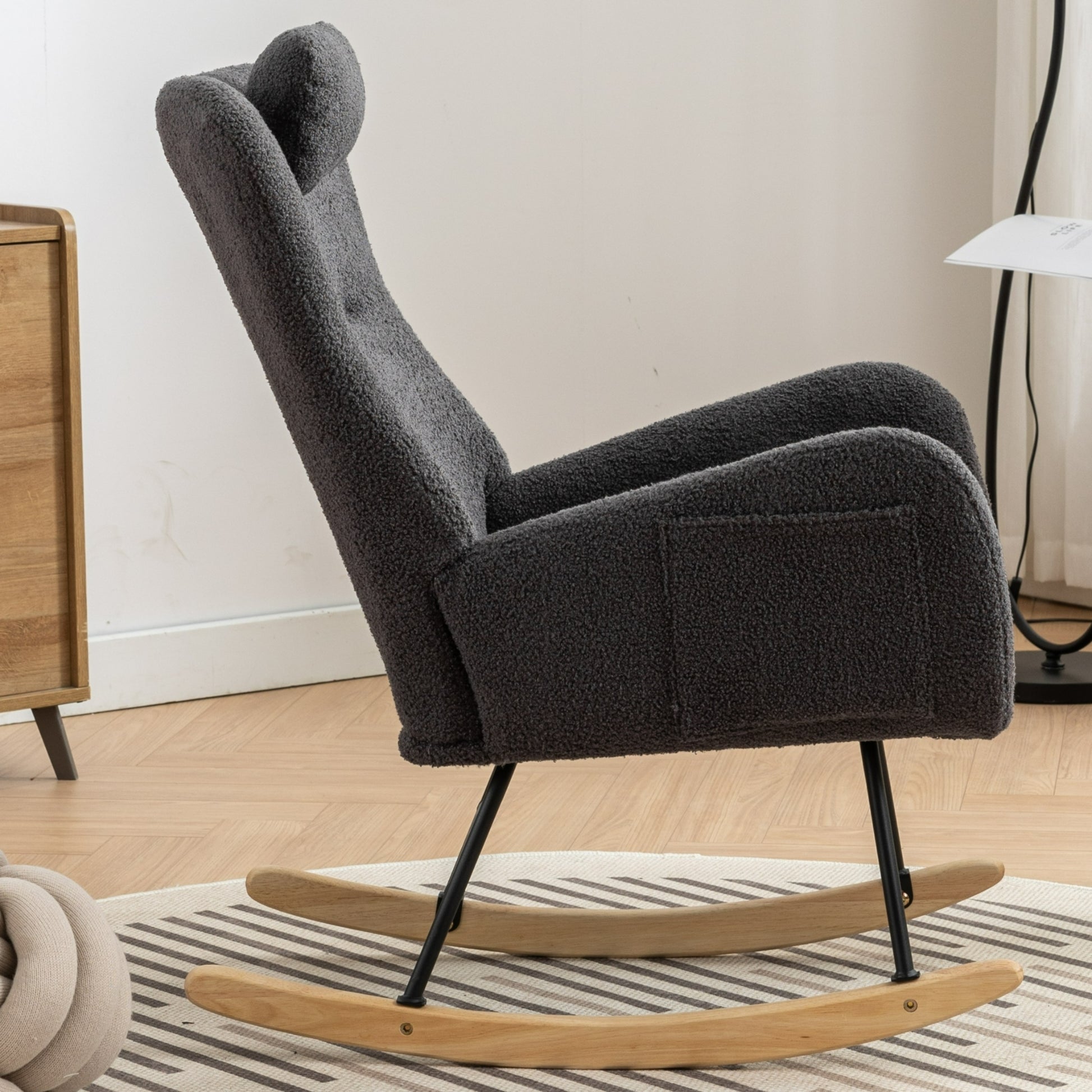 Same As W1372105256 35.5 Inch Rocking Chair With Pocket, Soft Teddy Fabric Rocking Chair For Nursery, Comfy Wingback Glider Rocker With Safe Solid Wood Base For Living Room Bedroom Balcony Greg Grey Casual Foam Teddy