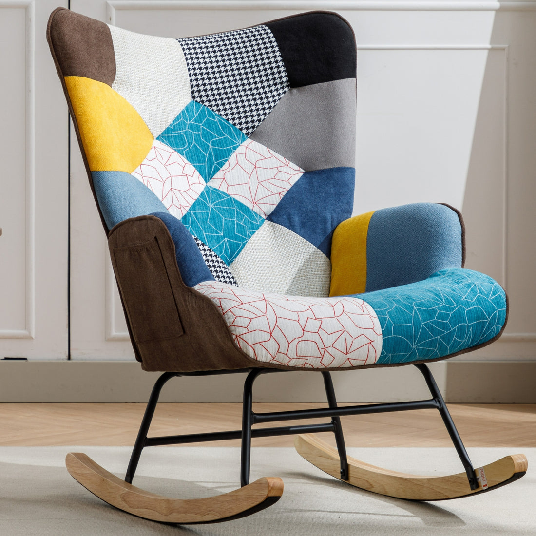 Modern Patchwork Accent Chair With Solid Wood Armrest And Feet, Mid Century Modern Accent Sofa, Fabric Sofa Chair For Living Room Bedroom Studio, Comfy Side Armchair For Bed Blue Antique Blue Foam Cotton Linen