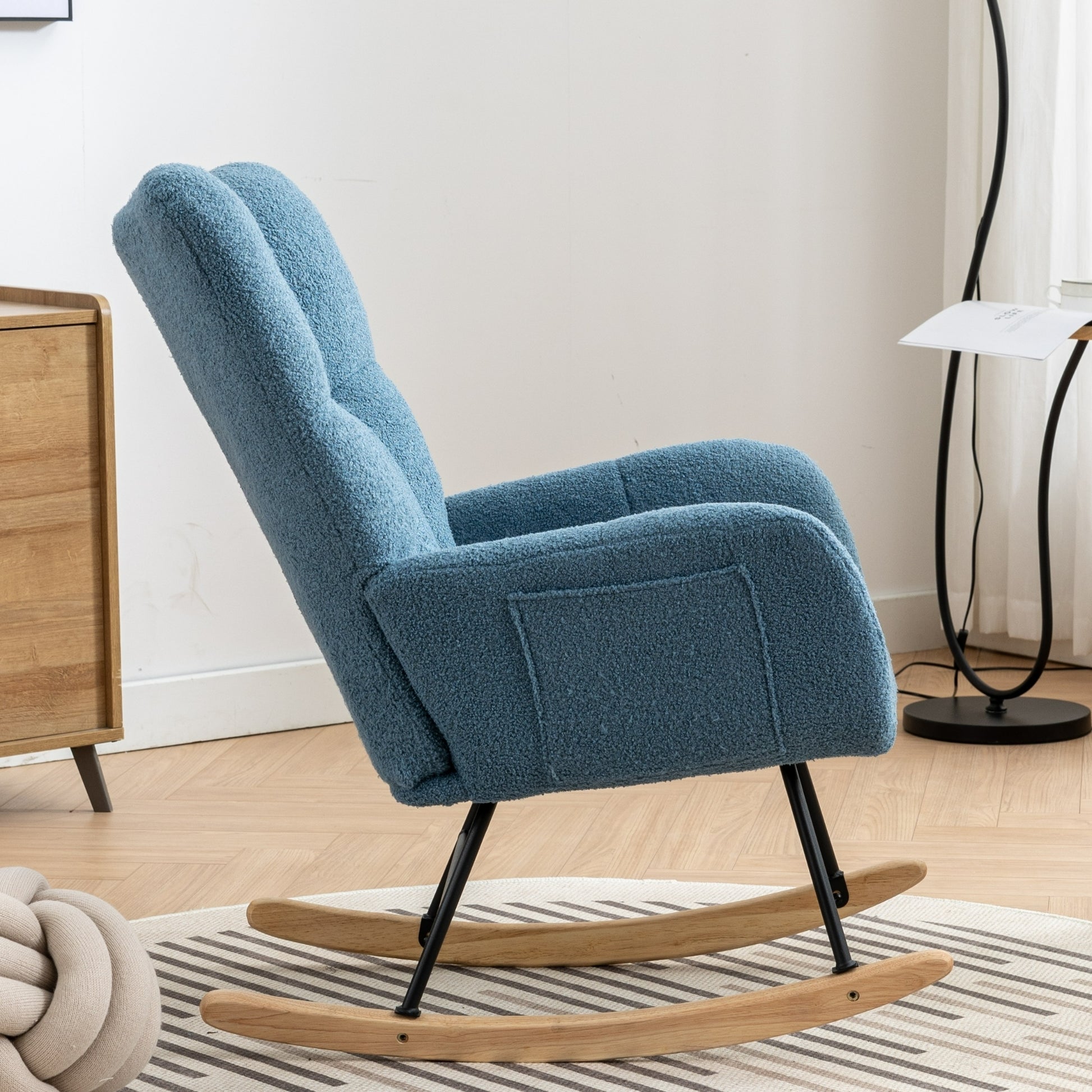 Rocking Chair With Pocket, Soft Teddy Fabric Rocking Chair For Nursery, Comfy Wingback Glider Rocker With Safe Solid Wood Base For Living Room Bedroom Balcony Blue Blue Casual Foam Teddy