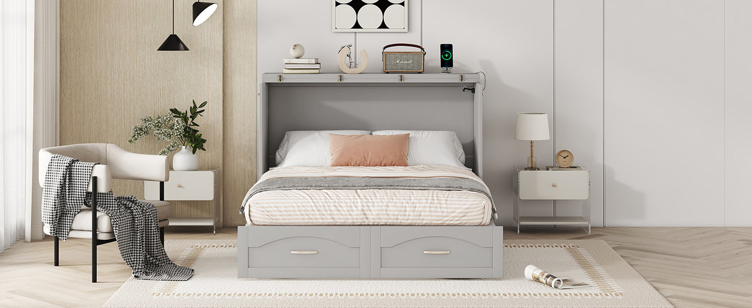 Full Size Murphy Bed Wall Bed With Drawer And A Set Of Sockets & Usb Ports, Pulley Structure Design, Gray Gray Solid Wood Mdf