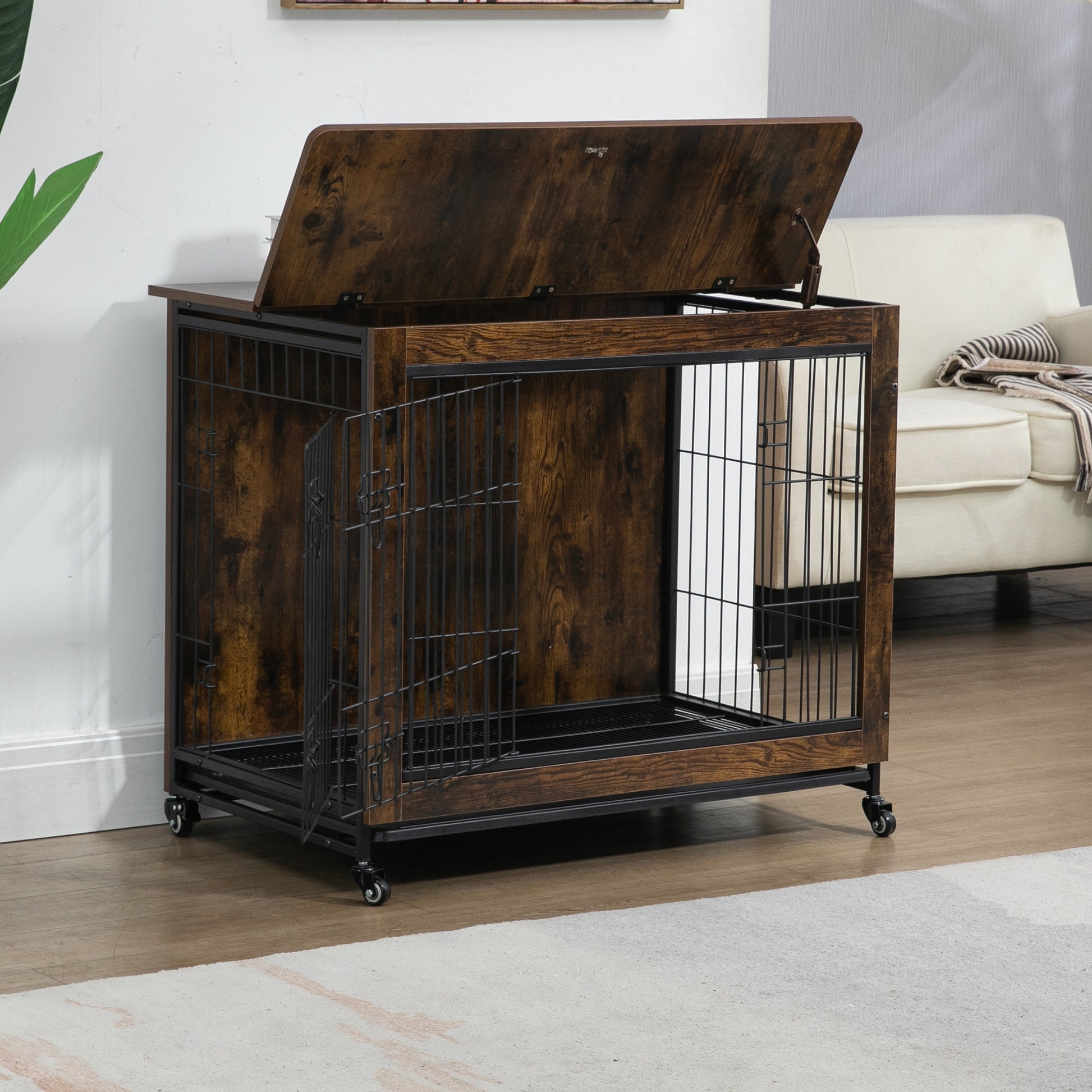 23.6"L X 20"W X 26"H Dog Crate Furniture With Cushion, Wooden Dog Crate Table, Double Doors Dog Furniture, Dog Kennel Indoor For Small Dog, Dog House, Dog Cage Small, Rustic Brown Gray Solid Wood